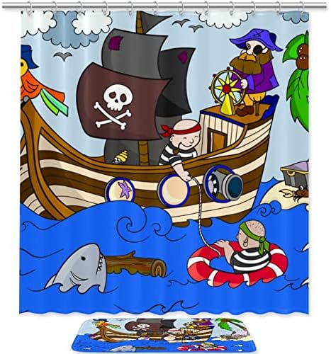Пиратите Од Морето Туш Завеса И Бања Мат Постави Водоотпорна Ткаенина Бања Завеса И Килим Во Собата Со Куки