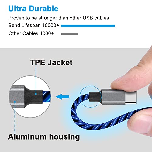 USB C кабел, кабел за полнење од типот C, брзо полнење, 3FT осветлен LED тип C кабел, кабел за полнење со кабел