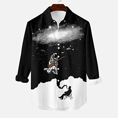 Врвови за машка блуза starвездени небо печати со долг ракав копче надолу со лапчиња плус големина лабава