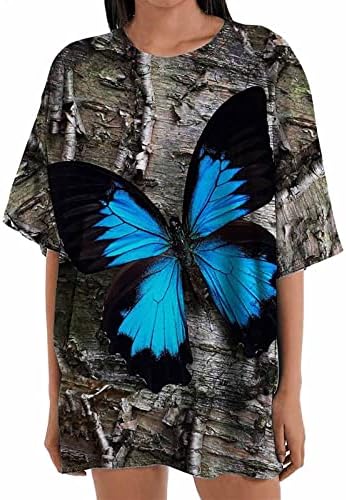 Гроздобер пеперутка печатени кошули за жени летни врвови со кратки ракави екипаж на вратот на вратот преголеми блузи случајни